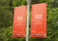 small banners hanging from a lamp post