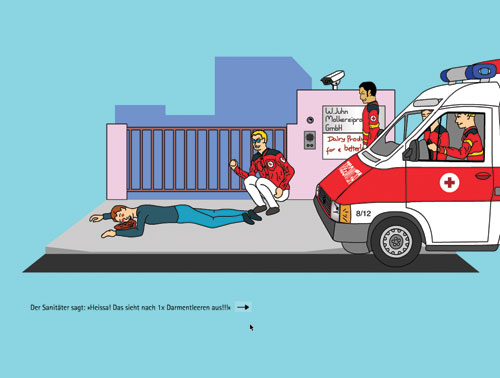 a paramedic is getting out of an ambulance car to help a man lying on the ground