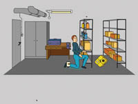 a man dropping a parcel in a basement storage room