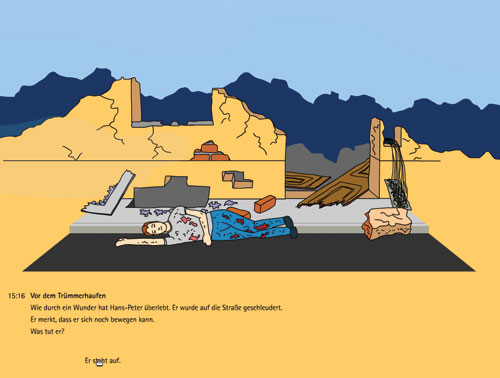 a man is lying in front of the ruins of a house