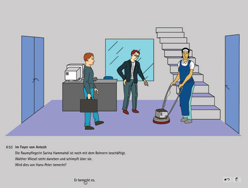 a man arrives, while another man is talking to the cleaning lady