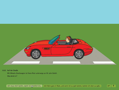 a man drives in a red BMW