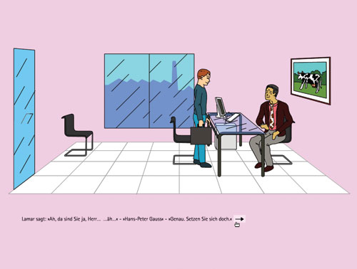 Two men meet in a pink office