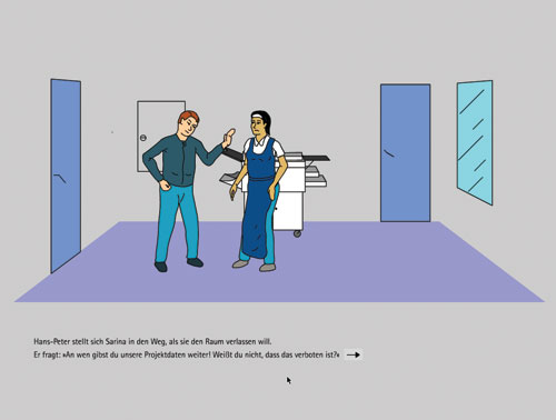 a man stops a woman in front of a copy machine