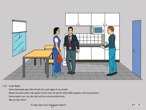 a woman and two man in a kitchen