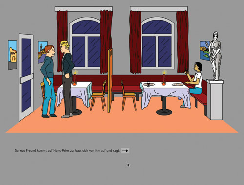 a man facing a real tall guy after entering a restaurant