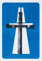a poster shows a motorway with a cross imprinted on top of it