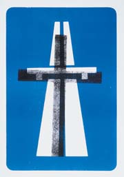a poster shows a motorway with a cross imprinted on top of it