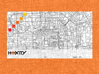 a website with a city map as background and an orange frame