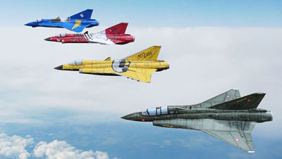 Four jet fighters are flying in formation, a yellow, red, green and blue each.