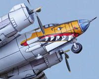 A big plane with two propellors as a huge sharkmouth painted on its nose