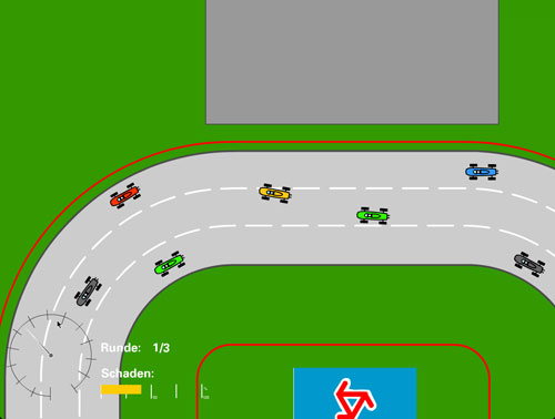 Many tiny coloured racing cars on a oval track.