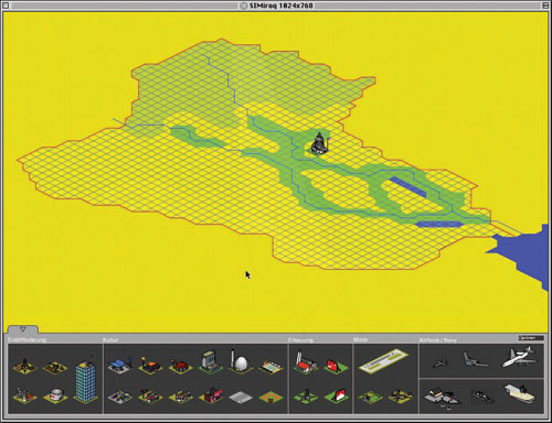 A map of Iraq, is entirely flat, except for a Capitol-look-alike with flying U.S. flag.