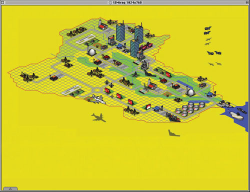 A map thriving with buildings, warships and aircraft