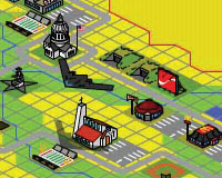 a map shows a land in the desert with many buildings and aircraft flying around