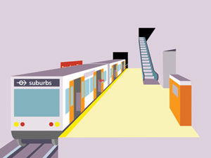 A subway train stands ready at the platform