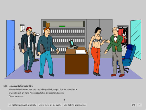 Hans-Peter Gauss caught his boss making out with the secretary and has called in his superior to see