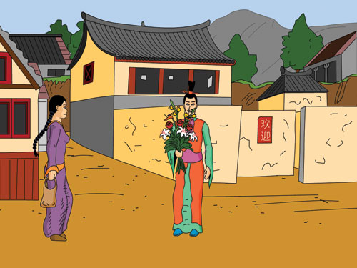 A man with flowers is waiting for a pretty young girl