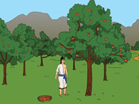 A tall handsome boy is standing under an apple tree