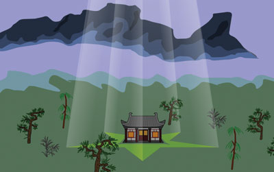 A star-shaped light shines on a small cabin in Tang-Dynasty-style architecture