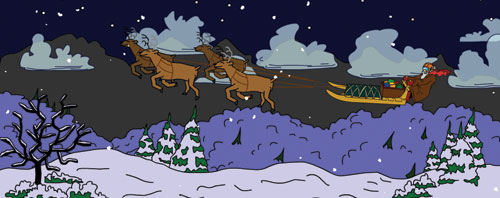 An old man is riding a flying sled, pulled by Reindeer