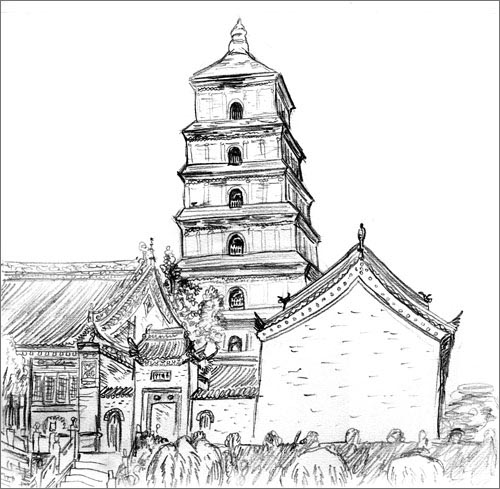 A pagoda with only one big door at each level in front of temple buildings