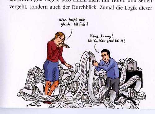 Two people are standing in an mess made by an endless paper roll