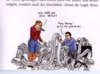 Two people are standing in an mess made by an endless paper roll