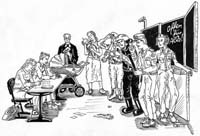 People of many professions are standing in a classroom