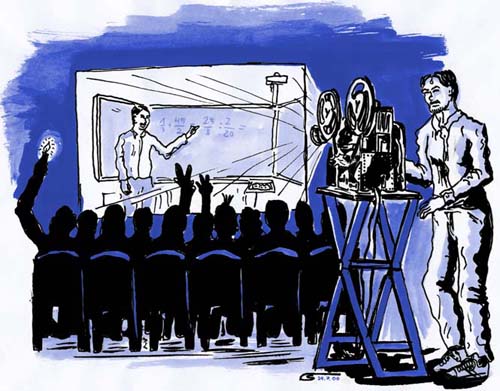 A teacher is showing a movie of himself teaching