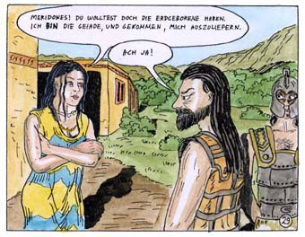 Danaë is standing with crossed arms opposite of the tough Mercenaries in armor