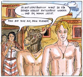 A guy that looks like a Minotaur is leading Philemon away