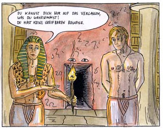 Philemon standing next to the King of Egypt, who is holding a torch