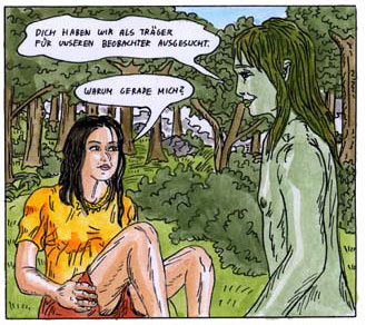 Danaë sits on the left talking to the plant that looks like a nude green human