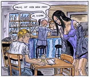 Danaë, in a purple dress is asking if the chair on a boy's table is still vacant