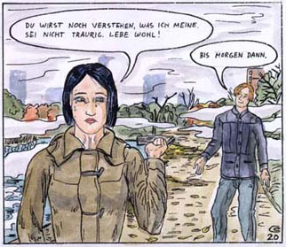 They are standing in a park, with a foggy winter athmosphere