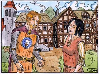Philemon is dressed as a knight, beside him stands the A.I., as a medieval farmer woman