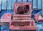 A pink computer in a blue room