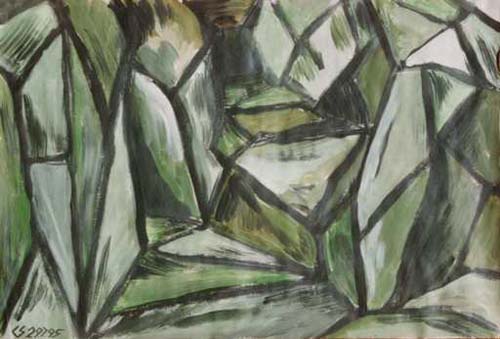 The forest in the top is painted very softly, impressionistic, while the stones in the bottom are painted in a hard, expressionistic style.