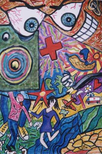 The forest in the top is painted very softly, impressionistic, while the stones in the bottom are painted in a hard, expressionistic style.