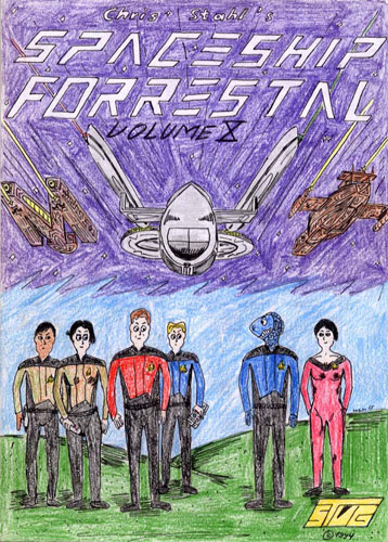 Several people in flashy uniforms standing on a green planet, with Spaceships visible in the sky