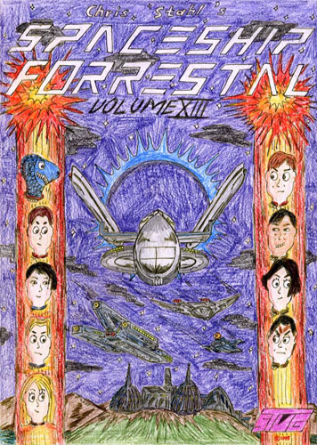 several spaceships in the sky above some kind of compound. at the sides, portraits of people are shown on columns o fire