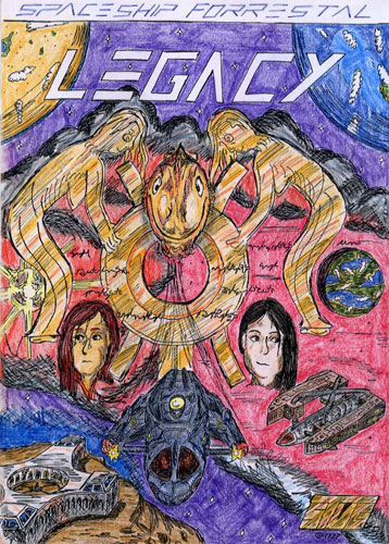 A complicated composition with three people, a symbolic circular gate two planets and a nebula