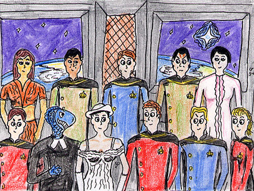 A number of people in flashy uniforms standing in front of a Spaceship's windows.