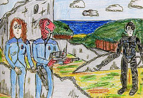 a woman and a fish creature confront a cyborg