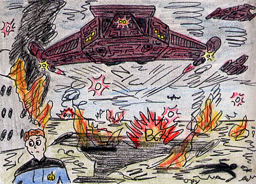 A man fleeing from spaceships attacking the ground