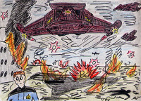 A man fleeing from spaceships attacking the ground