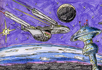 A spaceship approaching its spacedock